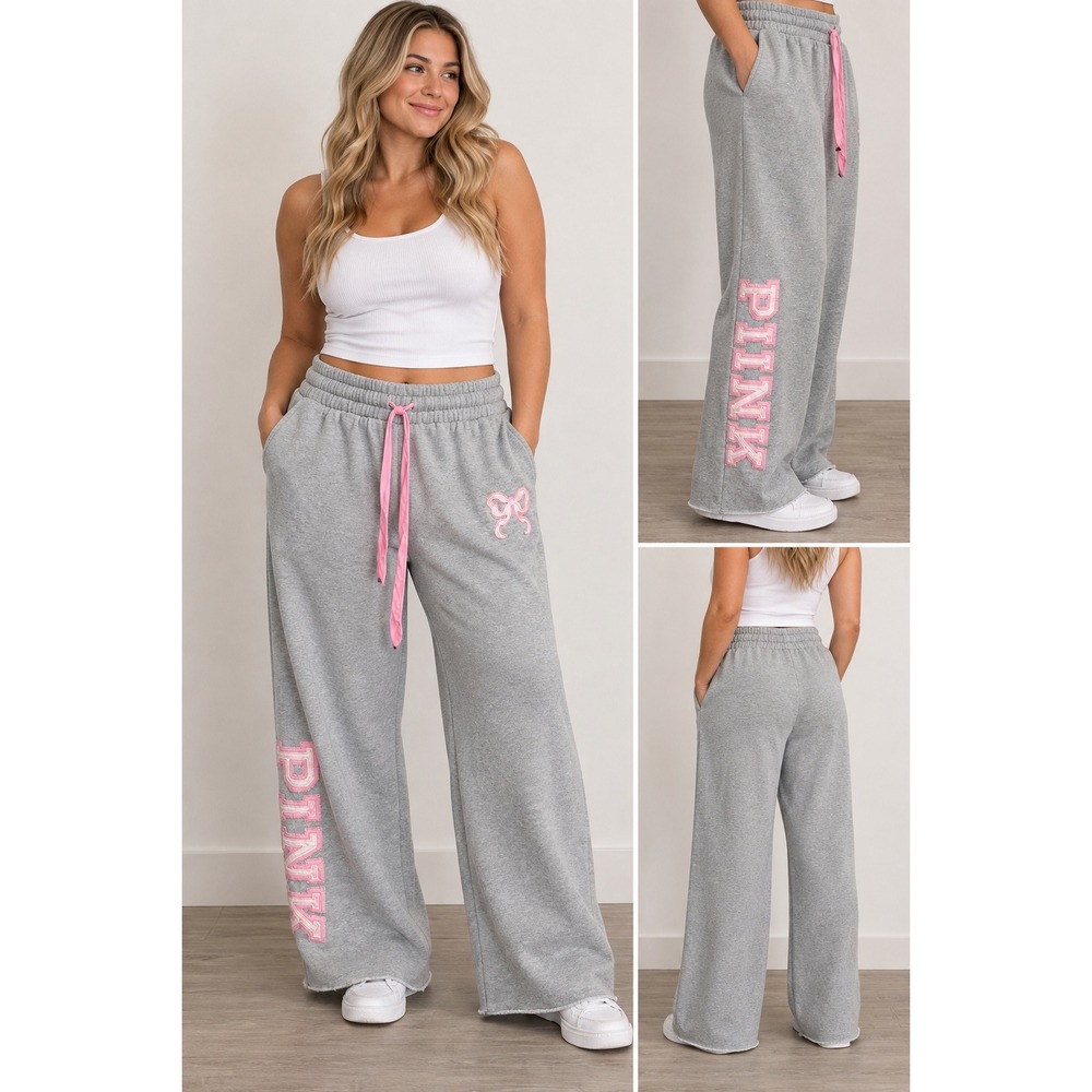 Victoria's Secret PINK viral LoveShackFancy gray Wide Leg Bow Sweatpants S